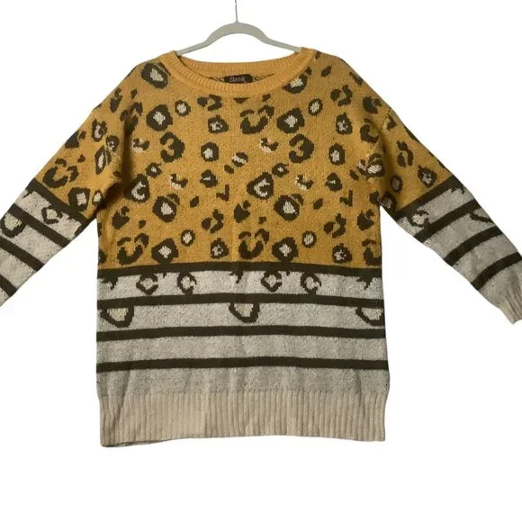 Sleek by R7‎ Leopard Animal Print Striped Sweater Women Medium Knit - Picture 2 of 6